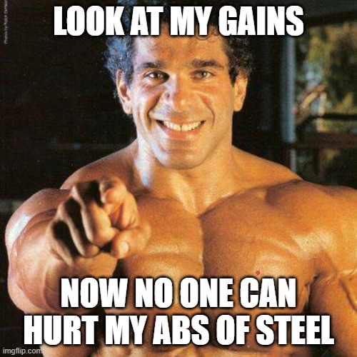 ya boi | LOOK AT MY GAINS; NOW NO ONE CAN HURT MY ABS OF STEEL | image tagged in memes,frango | made w/ Imgflip meme maker