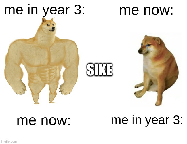 big dogo is BUSSIN | me in year 3:; me now:; SIKE; me now:; me in year 3: | image tagged in memes,buff doge vs cheems | made w/ Imgflip meme maker