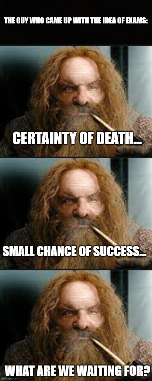 THE GUY WHO CAME UP WITH THE IDEA OF EXAMS:; CERTAINTY OF DEATH... SMALL CHANCE OF SUCCESS... WHAT ARE WE WAITING FOR? | image tagged in lord of the rings,gimli,exams | made w/ Imgflip meme maker