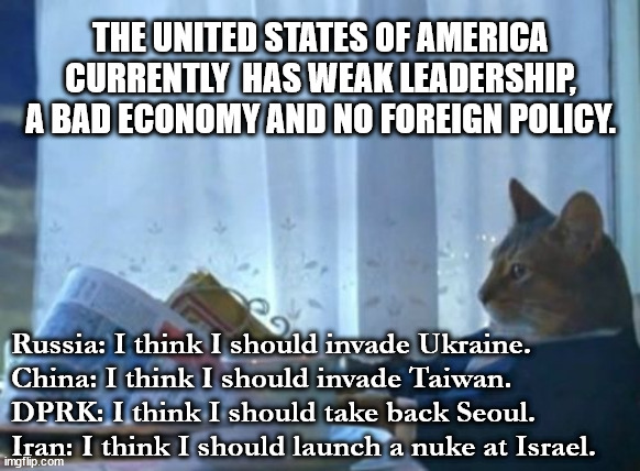 I Should Buy A Boat Cat |  THE UNITED STATES OF AMERICA
CURRENTLY  HAS WEAK LEADERSHIP, A BAD ECONOMY AND NO FOREIGN POLICY. Russia: I think I should invade Ukraine.
China: I think I should invade Taiwan.
DPRK: I think I should take back Seoul. 
Iran: I think I should launch a nuke at Israel. | image tagged in memes,i should buy a boat cat,america,weak,biden,invasion | made w/ Imgflip meme maker