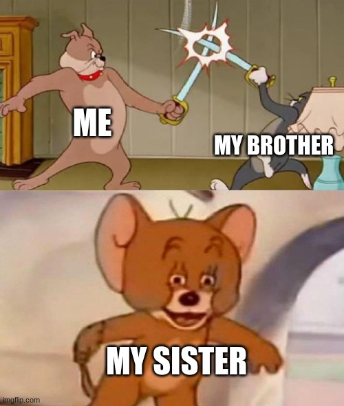 Tom and Jerry swordfight | ME; MY BROTHER; MY SISTER | image tagged in tom and jerry swordfight | made w/ Imgflip meme maker
