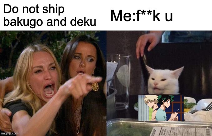 Woman Yelling At Cat | Do not ship bakugo and deku; Me:f**k u | image tagged in memes,woman yelling at cat | made w/ Imgflip meme maker