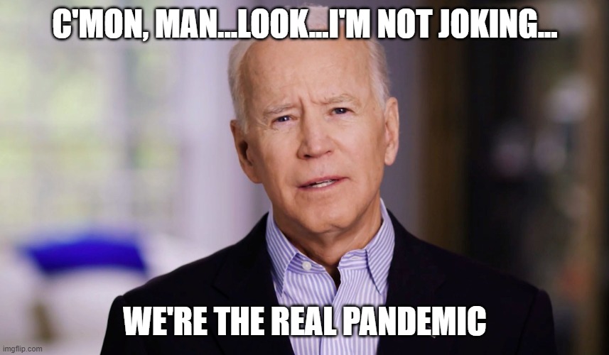 Joe Biden 2020 | C'MON, MAN...LOOK...I'M NOT JOKING... WE'RE THE REAL PANDEMIC | image tagged in joe biden 2020 | made w/ Imgflip meme maker