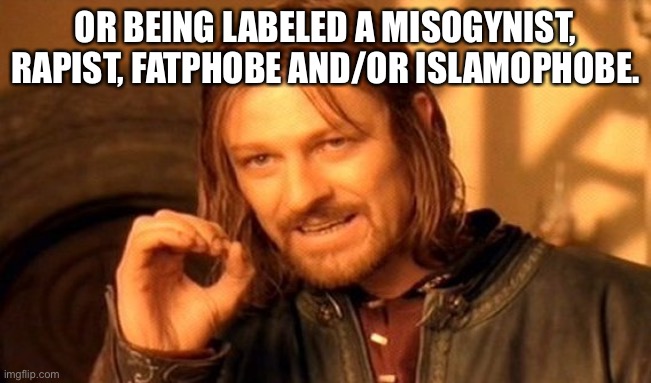 One Does Not Simply Meme | OR BEING LABELED A MISOGYNIST, RAPIST, FATPHOBE AND/OR ISLAMOPHOBE. | image tagged in memes,one does not simply | made w/ Imgflip meme maker