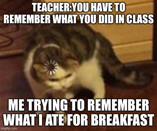Loading cat | TEACHER:YOU HAVE TO REMEMBER WHAT YOU DID IN CLASS; ME TRYING TO REMEMBER WHAT I ATE FOR BREAKFAST | image tagged in loading cat | made w/ Imgflip meme maker
