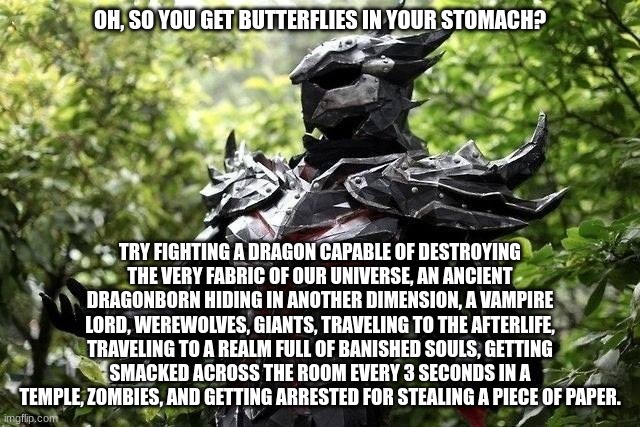 OH, SO YOU GET BUTTERFLIES IN YOUR STOMACH? TRY FIGHTING A DRAGON CAPABLE OF DESTROYING THE VERY FABRIC OF OUR UNIVERSE, AN ANCIENT DRAGONBO | made w/ Imgflip meme maker