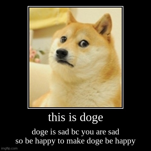 doge is sad | this is doge | doge is sad bc you are sad so be happy to make doge be happy | image tagged in sad doge | made w/ Imgflip demotivational maker