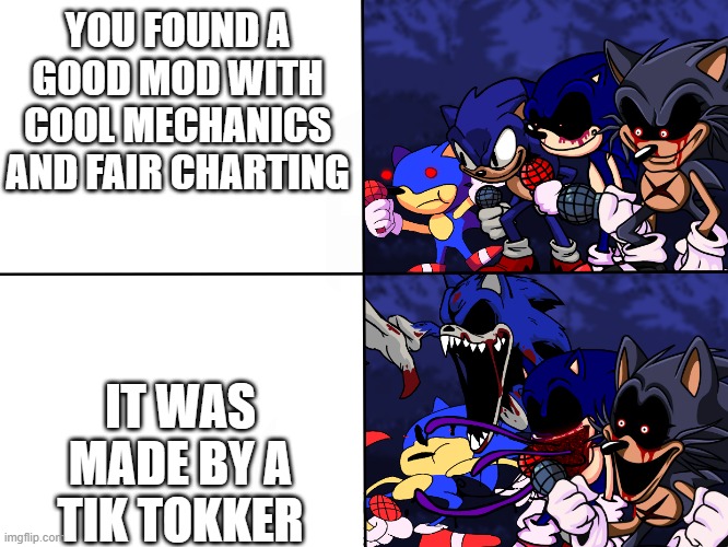 free meme from reddit | YOU FOUND A GOOD MOD WITH COOL MECHANICS AND FAIR CHARTING; IT WAS MADE BY A TIK TOKKER | image tagged in sonic exe | made w/ Imgflip meme maker
