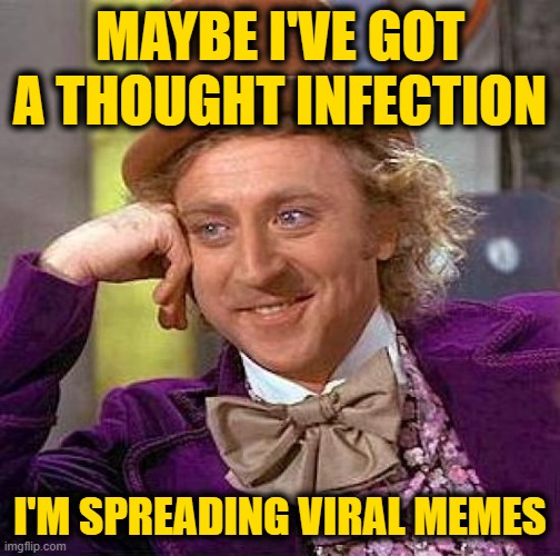 Creepy Condescending Wonka Meme | MAYBE I'VE GOT A THOUGHT INFECTION I'M SPREADING VIRAL MEMES | image tagged in memes,creepy condescending wonka | made w/ Imgflip meme maker