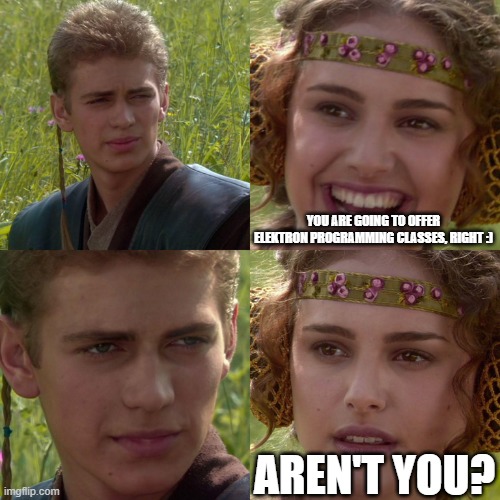 Anakin Padme 4 Panel | YOU ARE GOING TO OFFER ELEKTRON PROGRAMMING CLASSES, RIGHT :); AREN'T YOU? | image tagged in anakin padme 4 panel | made w/ Imgflip meme maker