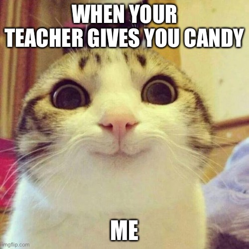 ??? | WHEN YOUR TEACHER GIVES YOU CANDY; ME | image tagged in memes,smiling cat | made w/ Imgflip meme maker