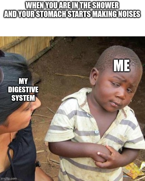 so true | WHEN YOU ARE IN THE SHOWER AND YOUR STOMACH STARTS MAKING NOISES; ME; MY DIGESTIVE SYSTEM | image tagged in memes,third world skeptical kid | made w/ Imgflip meme maker