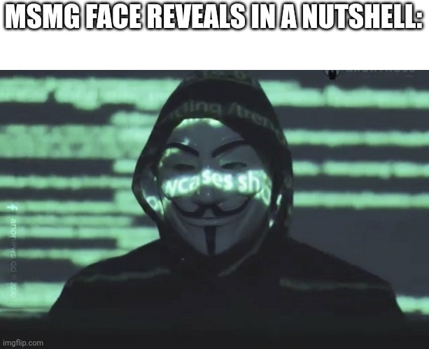 Jokes on you, I did mine without a mask or sunglasses | MSMG FACE REVEALS IN A NUTSHELL: | image tagged in anonymous | made w/ Imgflip meme maker
