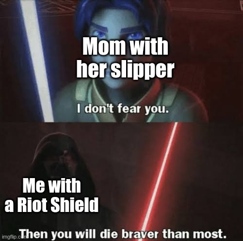 Then you will die braver than most | Mom with her slipper Me with a Riot Shield | image tagged in then you will die braver than most | made w/ Imgflip meme maker