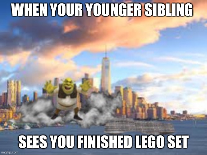 Shrek meme | WHEN YOUR YOUNGER SIBLING; SEES YOU FINISHED LEGO SET | image tagged in shrek | made w/ Imgflip meme maker