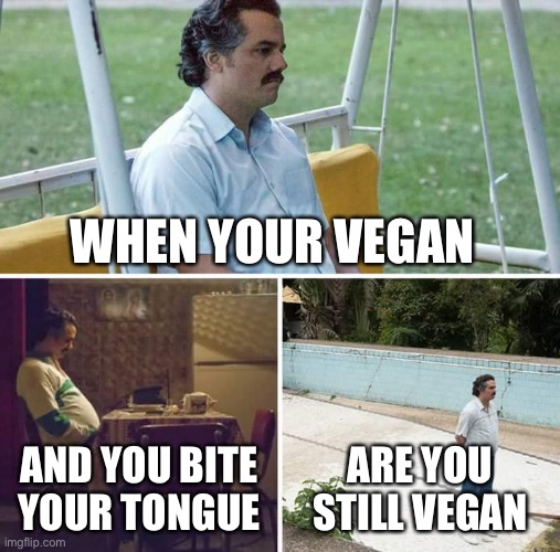 Vegan or not | WHEN YOUR VEGAN; AND YOU BITE YOUR TONGUE; ARE YOU STILL VEGAN | image tagged in memes,sad pablo escobar,vegan | made w/ Imgflip meme maker