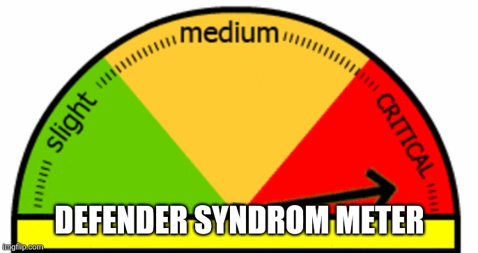 Generic Meter | DEFENDER SYNDROM METER | image tagged in generic meter | made w/ Imgflip meme maker