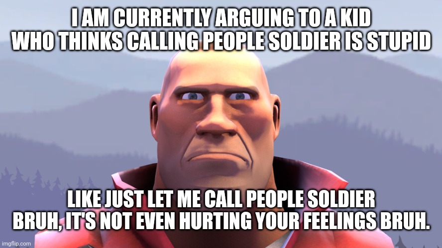 soldier | I AM CURRENTLY ARGUING TO A KID WHO THINKS CALLING PEOPLE SOLDIER IS STUPID; LIKE JUST LET ME CALL PEOPLE SOLDIER BRUH, IT'S NOT EVEN HURTING YOUR FEELINGS BRUH. | image tagged in soldier | made w/ Imgflip meme maker