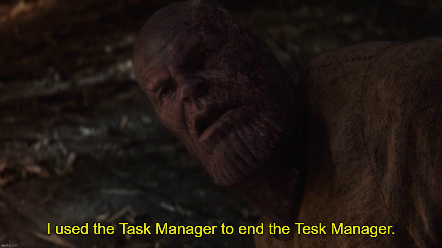 i used the stones to destroy the stones | I used the Task Manager to end the Tesk Manager. | image tagged in i used the stones to destroy the stones | made w/ Imgflip meme maker