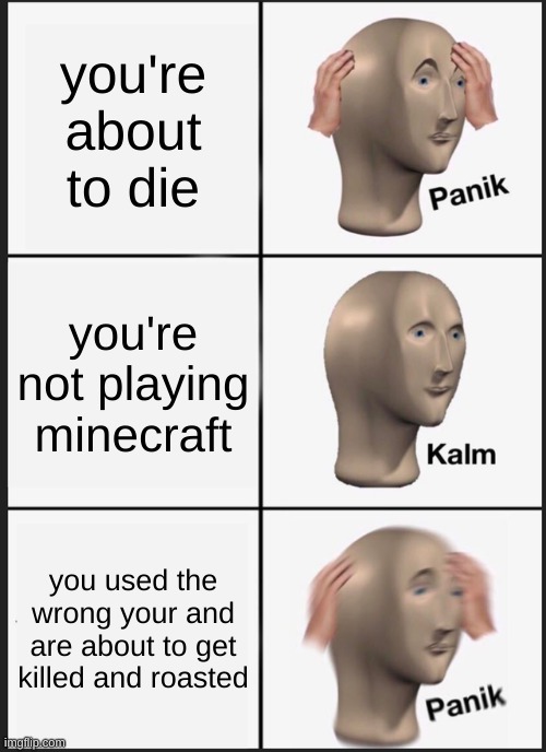 calm | you're about to die; you're not playing minecraft; you used the wrong your and are about to get killed and roasted | image tagged in memes,panik kalm panik | made w/ Imgflip meme maker