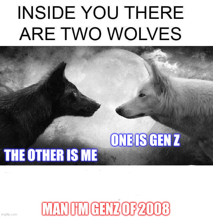 Inside you there are two wolves | ONE IS GEN Z
THE OTHER IS ME; MAN I'M GENZ OF 2008 | image tagged in inside you there are two wolves | made w/ Imgflip meme maker