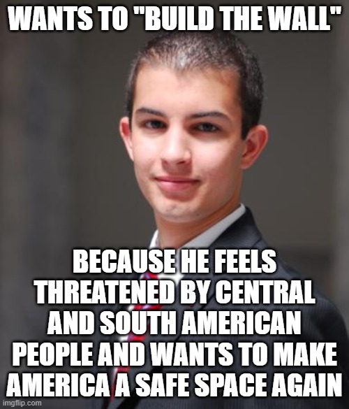 When You Want To Build A Wall That Won't Actually Make Anyone Safer Just Because It'll Make You Feel Safer | WANTS TO "BUILD THE WALL"; BECAUSE HE FEELS THREATENED BY CENTRAL AND SOUTH AMERICAN PEOPLE AND WANTS TO MAKE AMERICA A SAFE SPACE AGAIN | image tagged in college conservative,build the wall,safe space,conservative hypocrisy,fear,paranoia | made w/ Imgflip meme maker