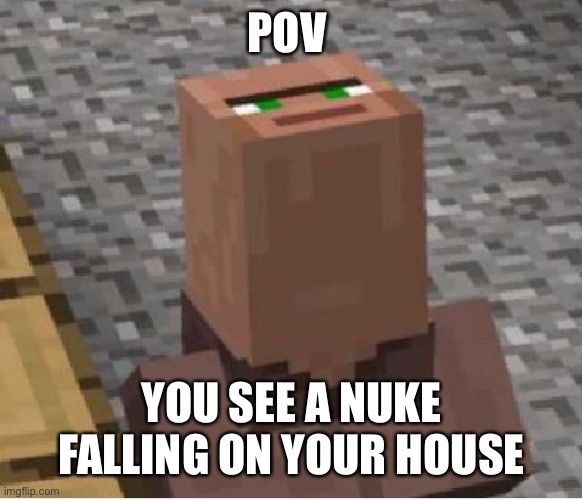 Worse than aeroplane | POV; YOU SEE A NUKE FALLING ON YOUR HOUSE | image tagged in minecraft villager looking up,nuke,minecraft | made w/ Imgflip meme maker