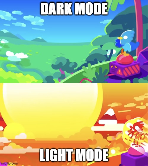 light mode :( | DARK MODE; LIGHT MODE | image tagged in kurzgesagt explosion,memes,funny,funny memes,light mode,dark mode | made w/ Imgflip meme maker