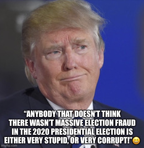 Trump’s double negative tweet sees proof positive of no electoral fraud! | “ANYBODY THAT DOESN’T THINK THERE WASN’T MASSIVE ELECTION FRAUD IN THE 2020 PRESIDENTIAL ELECTION IS EITHER VERY STUPID, OR VERY CORRUPT!”😆 | image tagged in trumps stupid face,donald trump,election fraud,trump is a moron,corrupt,stupid | made w/ Imgflip meme maker