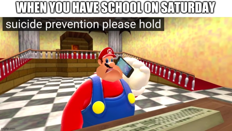 Suicide prevention please hold | WHEN YOU HAVE SCHOOL ON SATURDAY | image tagged in suicide prevention please hold | made w/ Imgflip meme maker