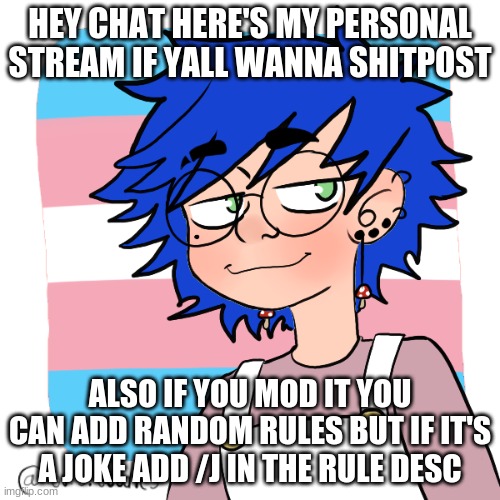 https://imgflip.com/m/bluehonu ( i gave a ton of people mod right off the bat) | HEY CHAT HERE'S MY PERSONAL STREAM IF YALL WANNA SHITPOST; ALSO IF YOU MOD IT YOU CAN ADD RANDOM RULES BUT IF IT'S A JOKE ADD /J IN THE RULE DESC | image tagged in shitcrew | made w/ Imgflip meme maker