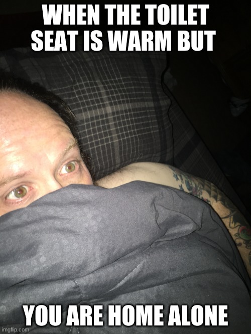 Scared guy | WHEN THE TOILET SEAT IS WARM BUT; YOU ARE HOME ALONE | image tagged in scared guy | made w/ Imgflip meme maker