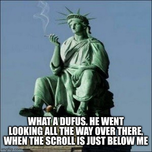 Statue of Liberty | WHAT A DUFUS. HE WENT LOOKING ALL THE WAY OVER THERE, WHEN THE SCROLL IS JUST BELOW ME | image tagged in statue of liberty | made w/ Imgflip meme maker