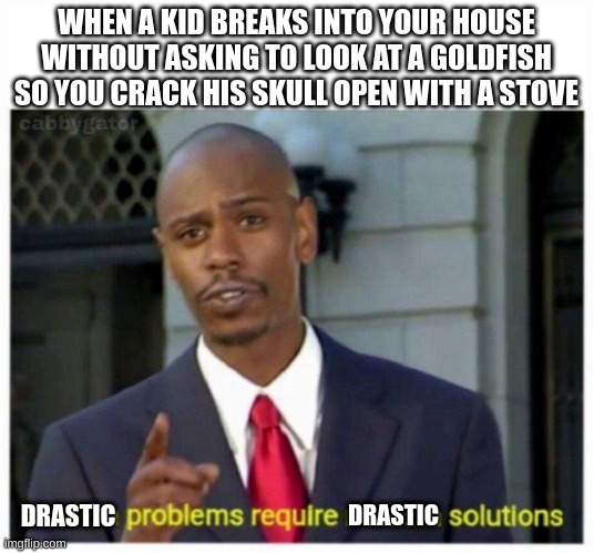 What of This Goldfish Would You Wish Memes | WHEN A KID BREAKS INTO YOUR HOUSE WITHOUT ASKING TO LOOK AT A GOLDFISH SO YOU CRACK HIS SKULL OPEN WITH A STOVE; DRASTIC; DRASTIC | image tagged in modern problems | made w/ Imgflip meme maker