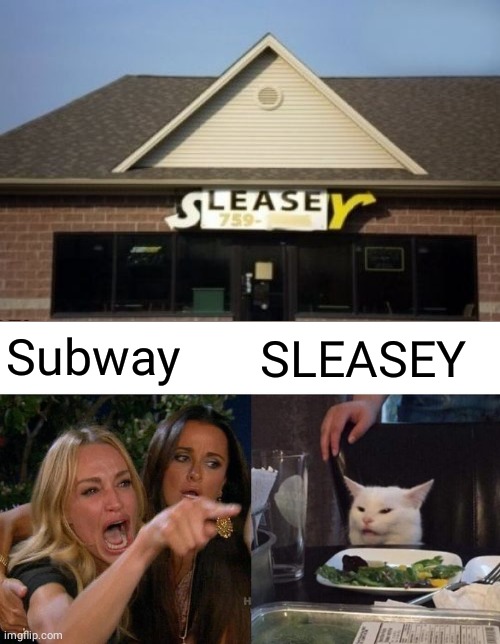 Subway; SLEASEY | Subway; SLEASEY | image tagged in memes,woman yelling at cat,subway,funny,you had one job,you had one job just the one | made w/ Imgflip meme maker