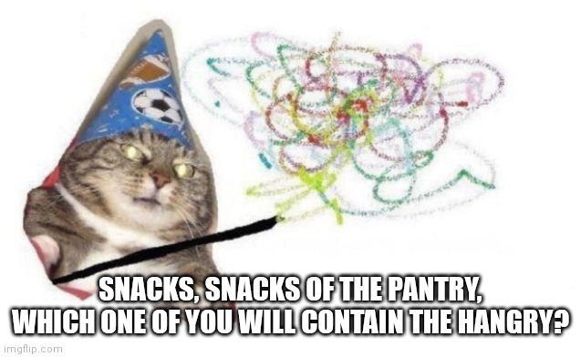 Snack Spell | SNACKS, SNACKS OF THE PANTRY,
WHICH ONE OF YOU WILL CONTAIN THE HANGRY? | image tagged in memes | made w/ Imgflip meme maker