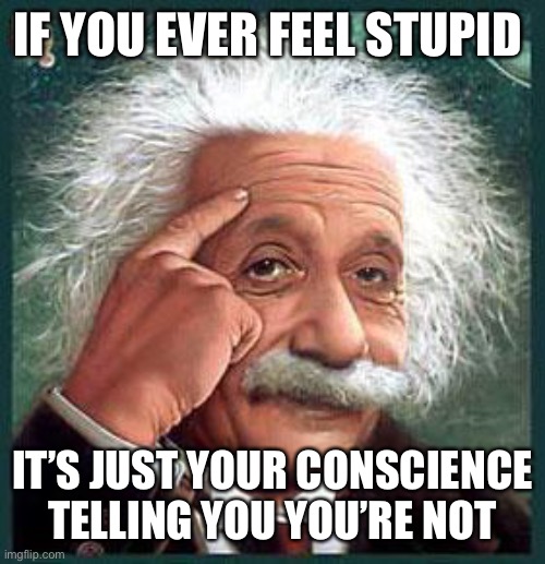 If You Ever Feel Stupid | IF YOU EVER FEEL STUPID; IT’S JUST YOUR CONSCIENCE TELLING YOU YOU’RE NOT | image tagged in einstein,fun,perspective,stupid,consciousness,expanding brain | made w/ Imgflip meme maker