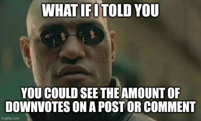 :megapog: | WHAT IF I TOLD YOU; YOU COULD SEE THE AMOUNT OF DOWNVOTES ON A POST OR COMMENT | image tagged in memes,matrix morpheus | made w/ Imgflip meme maker