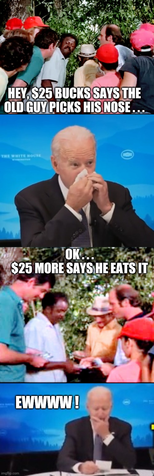Tasty cornpop | HEY, $25 BUCKS SAYS THE OLD GUY PICKS HIS NOSE . . . OK . . .
$25 MORE SAYS HE EATS IT; EWWWW ! | image tagged in joe biden,liberals,democrats,election 2020 | made w/ Imgflip meme maker