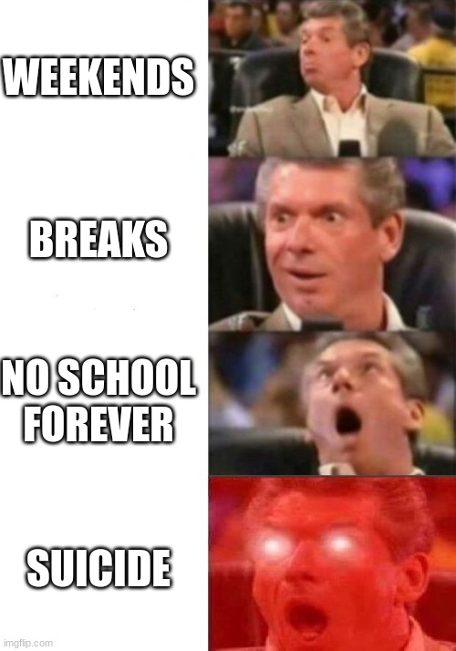 Don't be like me | WEEKENDS; BREAKS; NO SCHOOL FOREVER; SUICIDE | image tagged in mr mcmahon reaction | made w/ Imgflip meme maker