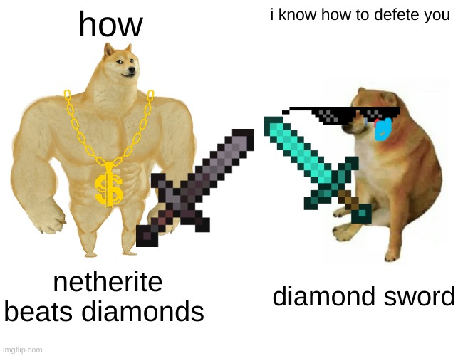 Buff Doge vs. Cheems Meme | how; i know how to defete you; netherite beats diamonds; diamond sword | image tagged in memes,buff doge vs cheems | made w/ Imgflip meme maker