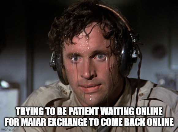Nervous | TRYING TO BE PATIENT WAITING ONLINE FOR MAIAR EXCHANGE TO COME BACK ONLINE | image tagged in nervous | made w/ Imgflip meme maker