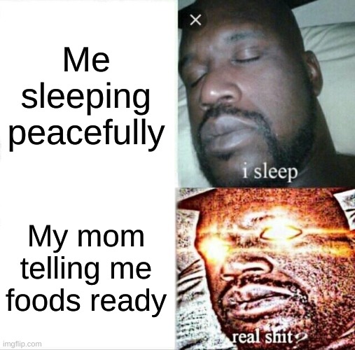 Sleeping Shaq Meme | Me sleeping peacefully; My mom telling me foods ready | image tagged in memes,sleeping shaq | made w/ Imgflip meme maker