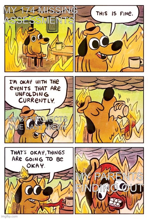 this is fine... | MY 174 MISSING ASSESSMENTS; MY 57 PROJECTS DUE LAST WEEK; MY PARENTS FINDING OUT | image tagged in this is fine dog | made w/ Imgflip meme maker