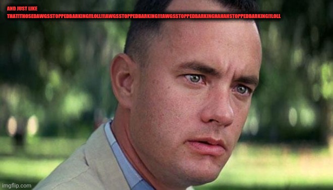Forest Gump | AND JUST LIKE THAT!THOSEDAWGSSTOPPEDBARKING!!LOLL!!!AWGSSTOPPEDBARKING!!!AWGSSTOPPEDBARKINGHAHAHSTOPPEDBARKING!!LOLL | image tagged in forest gump | made w/ Imgflip meme maker