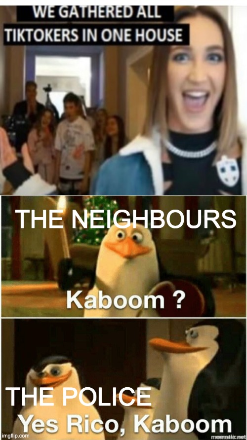 KA-BOOOOOOM | THE NEIGHBOURS; THE POLICE | image tagged in kaboom yes rico kaboom | made w/ Imgflip meme maker