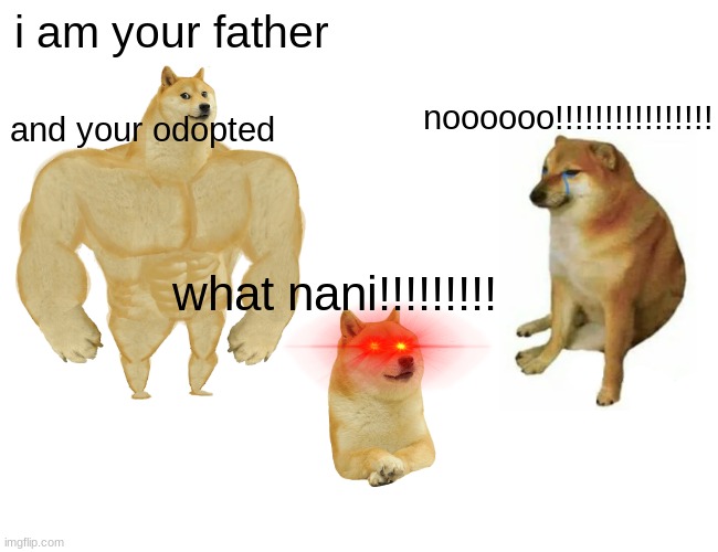 doge family | i am your father; and your odopted; noooooo!!!!!!!!!!!!!!!! what nani!!!!!!!!! | image tagged in memes,buff doge vs cheems | made w/ Imgflip meme maker