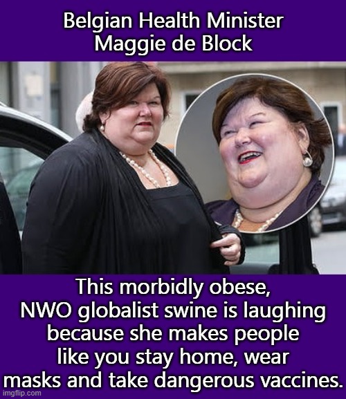 Meet your New World Order overlords who can't wait to enslave you. | Belgian Health Minister
Maggie de Block; This morbidly obese, NWO globalist swine is laughing because she makes people like you stay home, wear masks and take dangerous vaccines. | image tagged in nwo police state,depopulation,globalists,vaccines | made w/ Imgflip meme maker