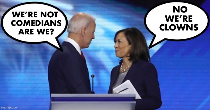 Biden Harris dialogue | WE’RE NOT 
COMEDIANS ARE WE? NO
WE’RE 
CLOWNS | image tagged in biden harris dialogue | made w/ Imgflip meme maker