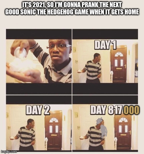 one eternity later | IT'S 2021, SO I'M GONNA PRANK THE NEXT GOOD SONIC THE HEDGEHOG GAME WHEN IT GETS HOME; 000 | image tagged in gonna prank x when he/she gets home,sonic the hedgehog,gaming | made w/ Imgflip meme maker